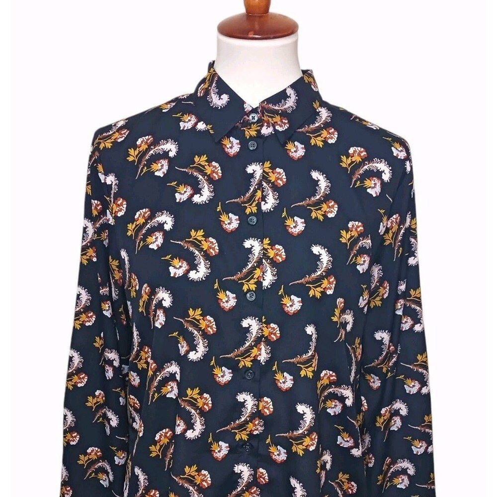 Banana Republic Women's Large Dillon Navy Blue Dress Shirt Feather Floral Print